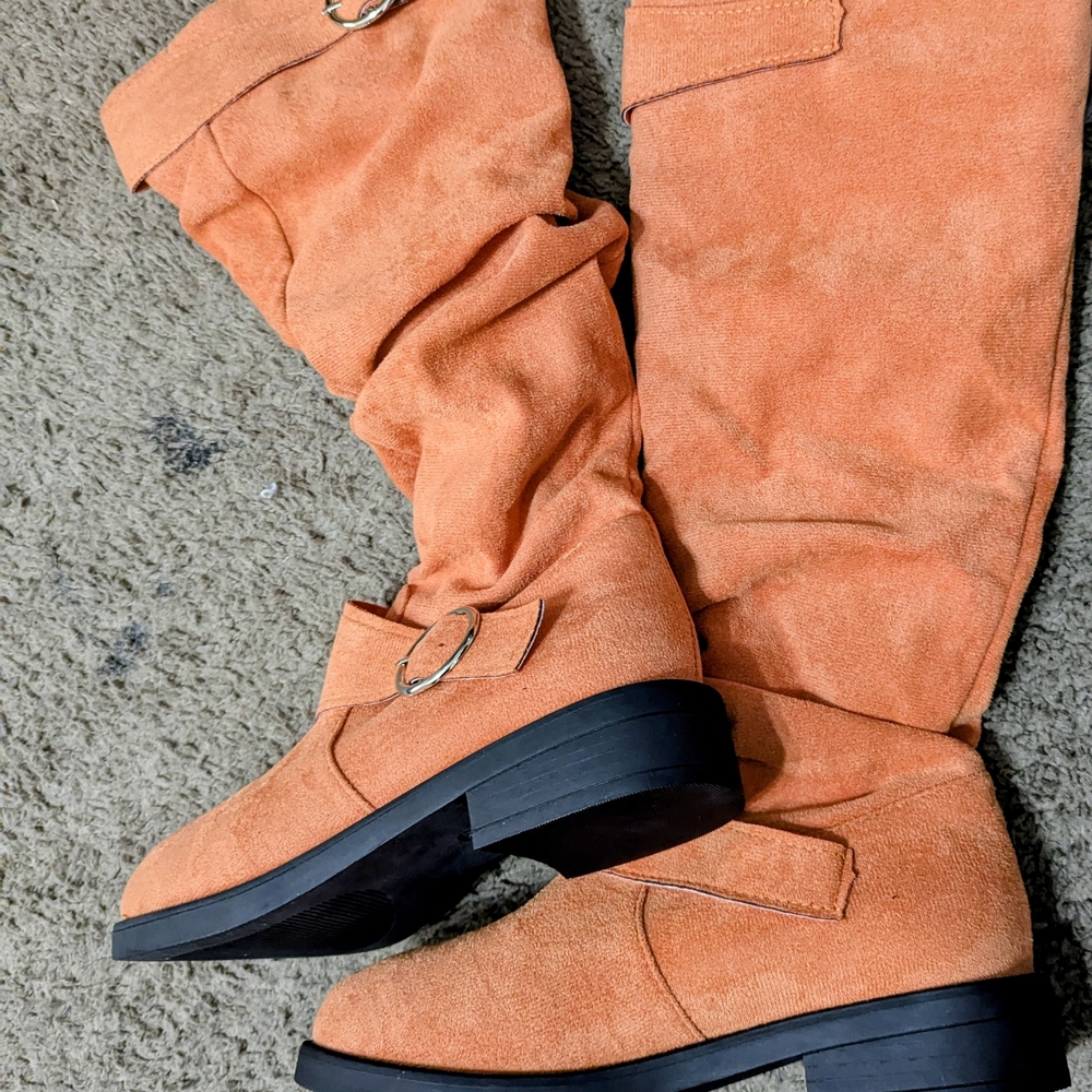 Orange Suede Mid-Calf Boots with Ring Accent